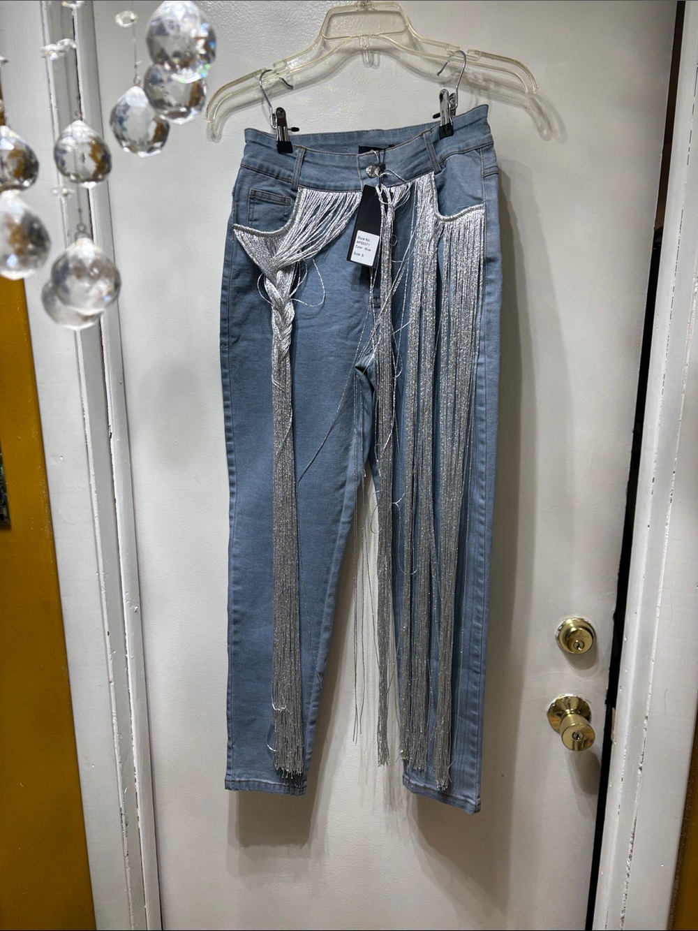 Silver Fringe Light Blue Skinny Jeans for Women